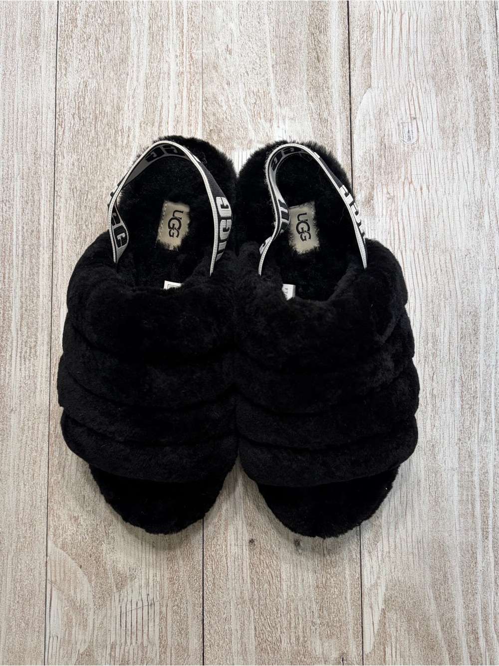 UGG Fluff Yeah Black Fuzzy Slide Sandals with Branded Elastic Strap